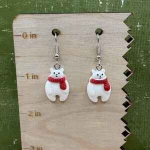 Sterling silver White Bear Earrings with Red Scarves